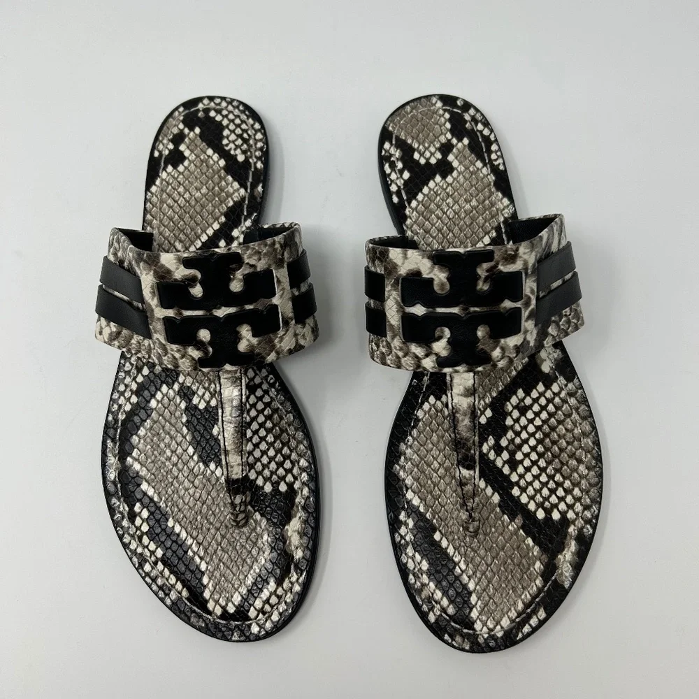 EUC Tory Burch Leigh Black/Gray Snakeskin Double T Thong Sandals Size 9 Preppy!